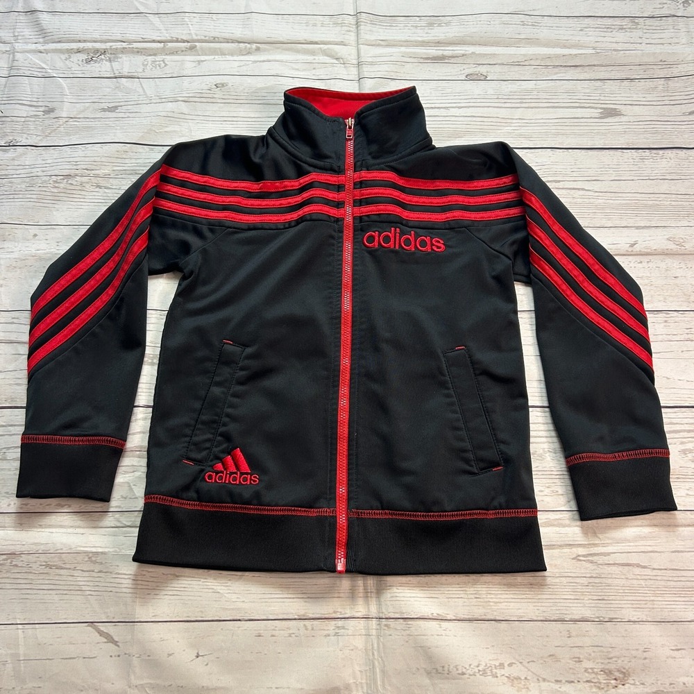 Adidas Full Zip Track Jacket Coat Black‎ Red Stripes Youth Boys Size 5